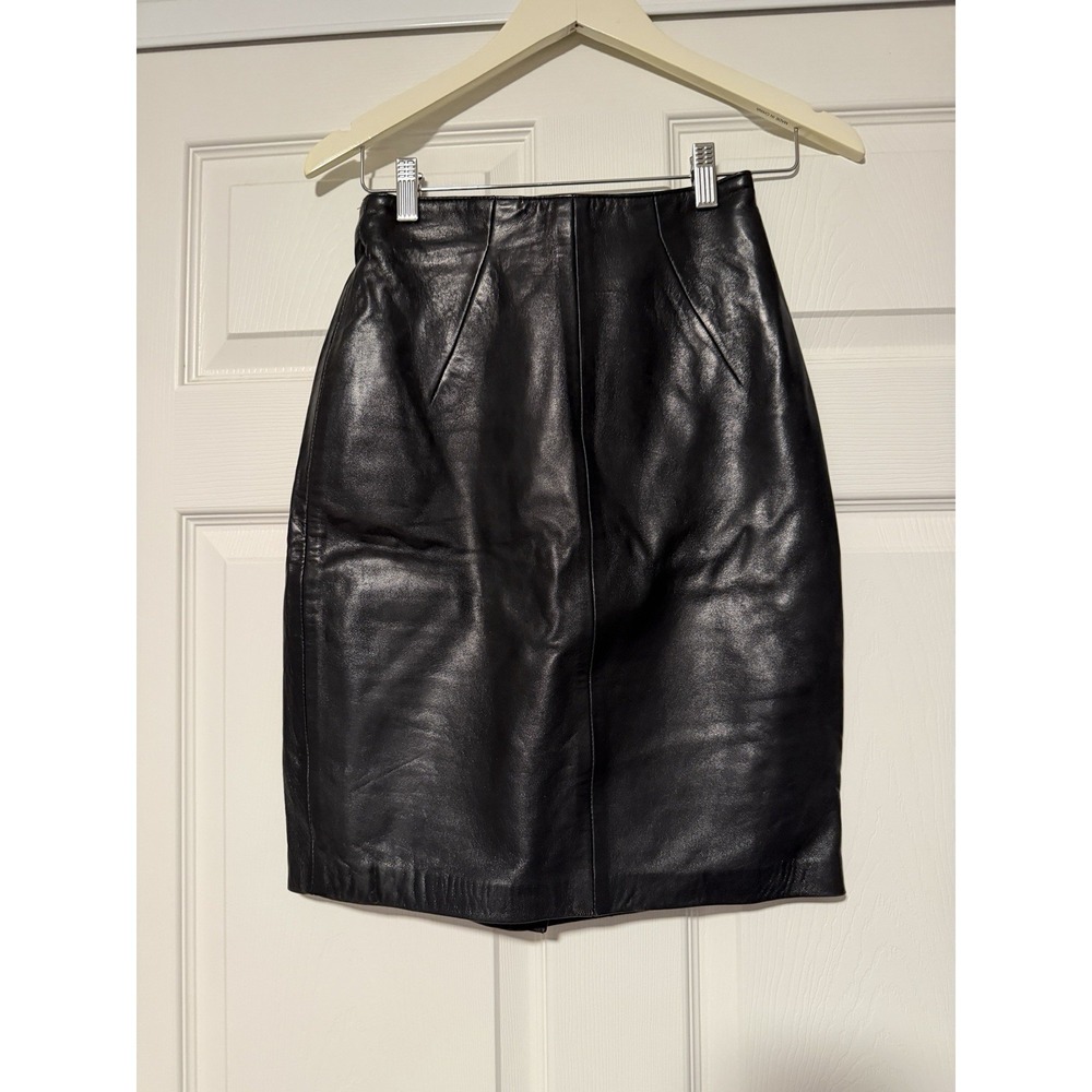 Vtg Michael Hoban North Beach Leather Pencil Skirt Black Knee Soft Rock 80s